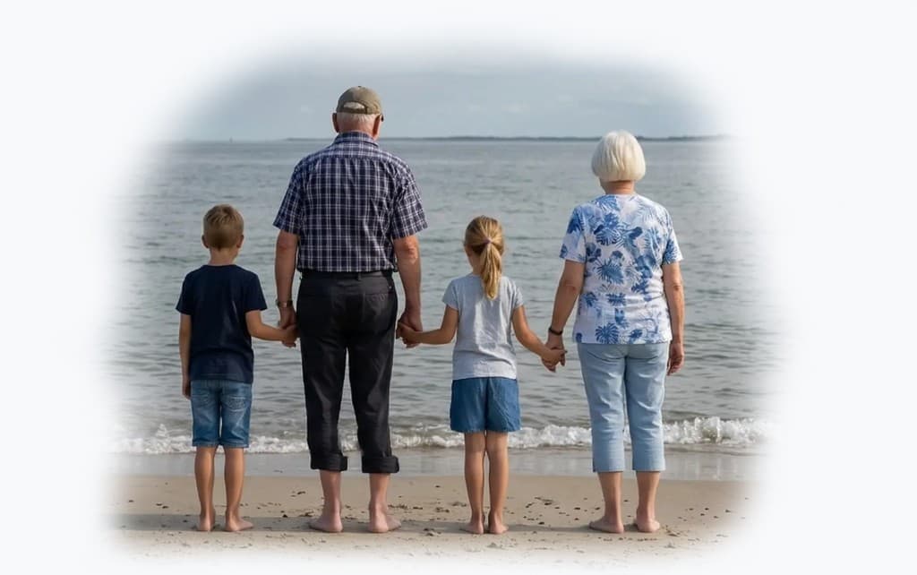 Großeltern und Kinder am Strand – Symbolbild für Familie und Vorsorge